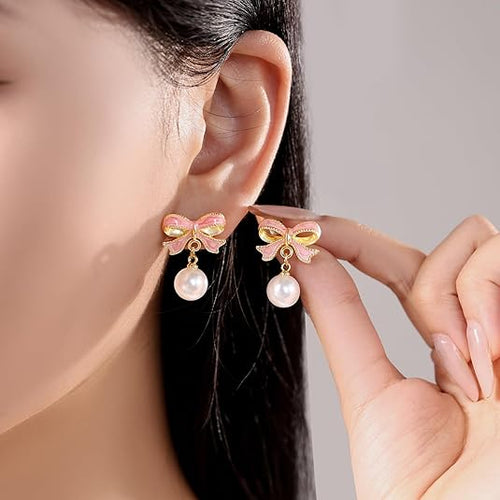 Gold Bow Earrings for Women, Long Tassel Chain Drop Earrings, Trendy Small Bow Earrings, Ribbon Waterfall Dangling Earrings, Pearl Bow Earrings, Sparkly Elegant Bowknot Preppy Jewelry Gifts for Women