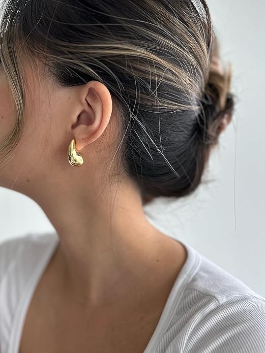 14K Gold Plated 925 Sterling Silver Post Teardrop Chunky Hoop Earrings - Lightweight Drop Earrings for Women