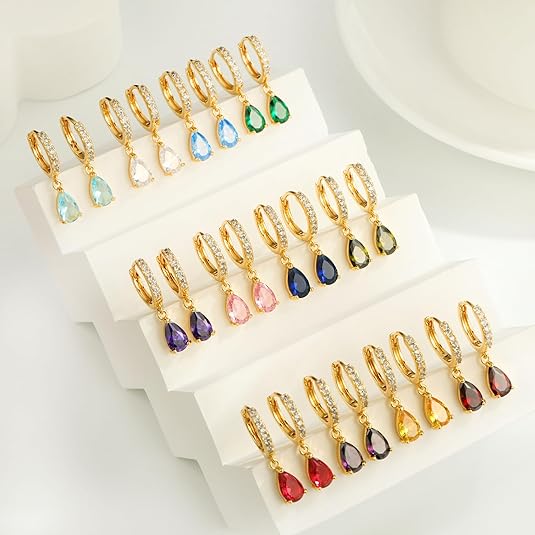 Dangle Earrings for Women Trendy 14K Gold Plated Hypoallergenic Drop Hoop Earrings Dainty Diamond Green Emerald Birthstone Huggie Earrings for Birthday Gifts